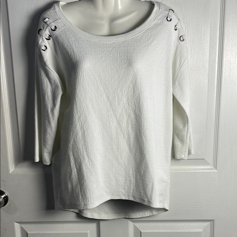 Onque Casuals White Textured Blouse with Lace-Up Detail